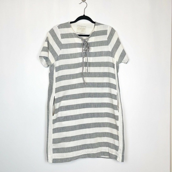 Ace & Jig Striped Lace Up Dress Organic Cotton Pockets Women's Gray White Size L - Picture 2 of 11